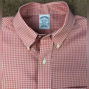 Brooks Brothers Pink Peach Gingham Dress Shirt Size 15-34
